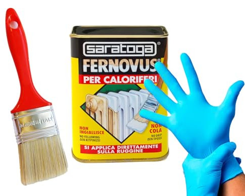 Fernovus Smalto INODORE PER CALORIFERI - RESISTENTE ALLE TEMPERATURE - Colore BIANCO NEVE Satinato in conf da 750 ml con guanti nitrile e pennello inclusi!!! Bundle