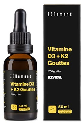 Vitamin D3 + K2 Drops - Premium Ingredients K2VITAL® MK-7 All-Trans 99.7% and Natural D3 from Lanolin - for Bones and Immune System - 1700 Drops (50ml) - Zenement