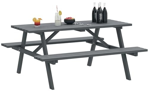 Outsunny 6 Seater Wooden Picnic Table Bench for Outdoor Garden or Patio with Parasol Cutout 150 cm Grey
