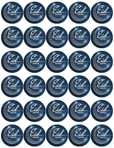 30 Eid Mubarak Blue Ramadan PRE CUT Cupcake Toppers Premium Edible Wafer Paper Fairy Cake Toppers Birthday Celebration Cakes Decorations Party NO CUTTING REQUIRED