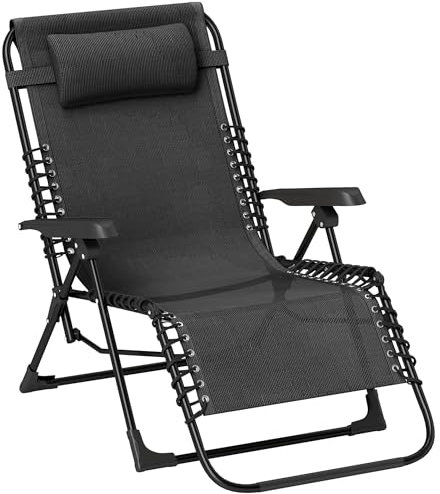 Outsunny Sonnenliege klappbar Gartenliege mit Kopfkissen, Liegestuhl mit 5-Fach verstellbare Rückenlehne, wetterfeste Campingliege, Gartenstuhl bis 120 kg belastbar, für Garten Outdoor Strand, Schwarz