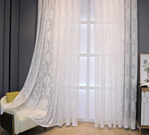 Fertiggardinen Vorhang Weiß Voile 2er Pack Blumenmuster H183 x B137 cm (2er Pack) Garn Küchengardine