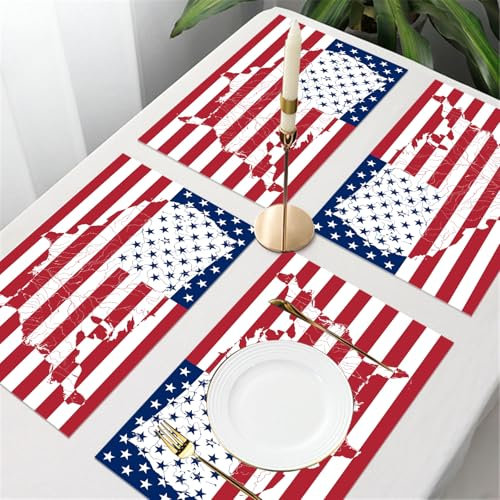 UREJD Tischsets Abwaschbar 4 Set,Vinyl Platzsets Abwaschbar für küche Speisetisch Hotel,Kaffeehaus,Festsaal,Platz-Matten,Dekoration mit amerikanischer Flagge, Flagge in Form eines Kontinents,30x45cm