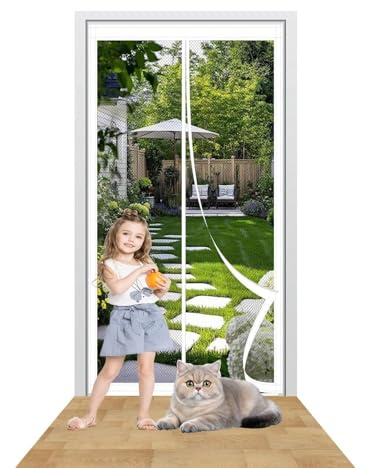 Magnetic Door Screen 61 x 196 cm Easy to Install Without Drilling Door Fly Screen Curtain Automatically Closes/Keep Open Feature for Home Office Balcony Patio Garden, White