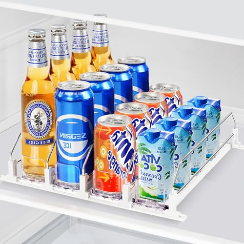Drink Organizer for Fridge, Automatic Pusher Glide Drink Dispenser for Fridge, Holds up to 20 Can Soda Can Dispenser for Refrigerator Adjustable Width for Beverage Beer (White, 12.2D x13.4W—4Rows)