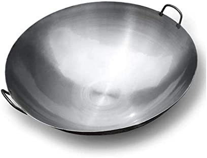 Wok cinese in ghisa pre-stagionato, grande, 60 cm, profonda padella con doppi manici per cucinare e friggere perfettamente, ideale per la cucina asiatica