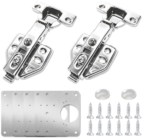 Mirdinner Cabinet Hinges - 2 Pcs Stainless Steel Kitchen Cupboard Door Hinges and 4Pcs Repair Plate,Soft Close Cabinet Hinges with Cabinet Bumpers and Mounting Screws