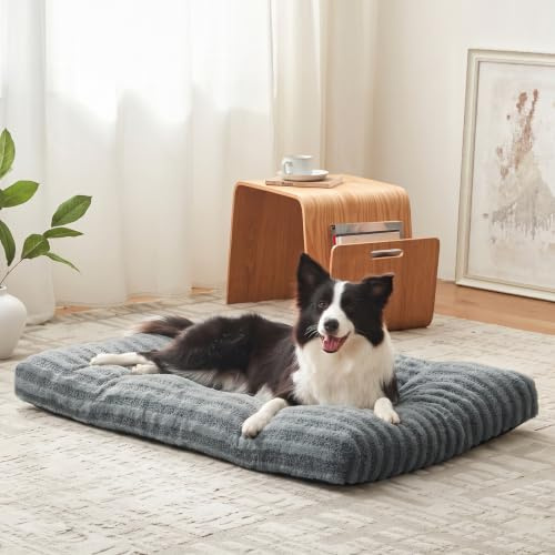 Pawk Large Dog Bed Washable - Fluffy Plush Fur Dog Mattress, Anti-Slip Dog Beds for Dog Crate, Calming Anti Anxiety Dog Mat, 89 × 58 × 9 cm, Grey