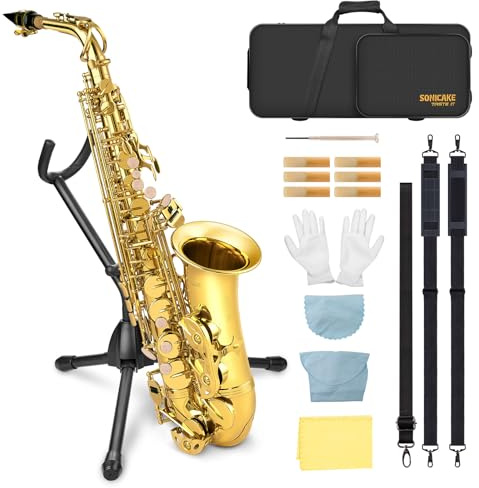 SONICAKE Eb Alto Saxophone Complete Set Beginner-Friendly Saxophone Kit with Carry Case, Mouthpiece, Reeds and Accessories Gold