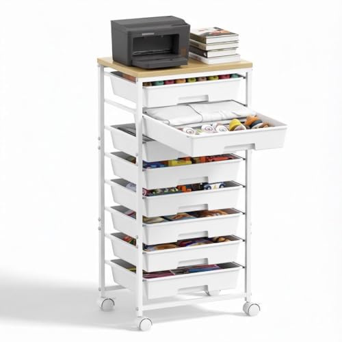 8 Drawer Rolling Storage Trolley with Wooden Worktop, Plastic Drawer Organiser Cart on Wheels with Lockable Silent Castors & Anti-Fall Latch, Makeup Beauty Craft Kitchen Storage