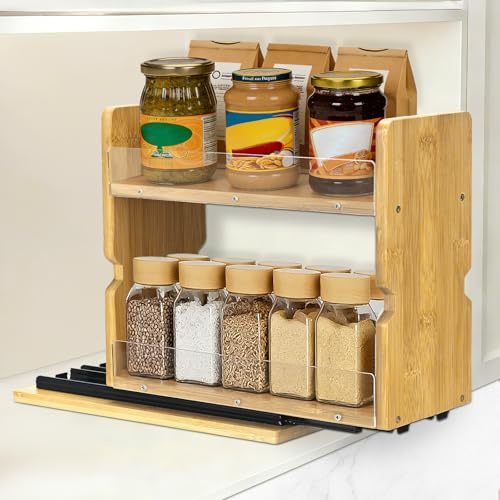 Simabsie Ausziehbares 2-Etagen Gewürzregal aus Bambus für den Küchenschrank - Gewürzorganizer mit Acryl-Seitenschutz, platzsparend für große und kleine Dosen
