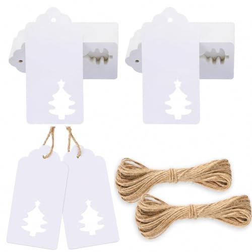 G2PLUS 100 Stück Weiß Weihnachten Geschenkanhänger mit Jute-Schnur, 5x10cm | Ausstanzung in Tannenbaumform, Groß Kraftpapier Weihnachtsanhänger, Weihnachten Etiketten zum Beschriften, Geschenk Deko