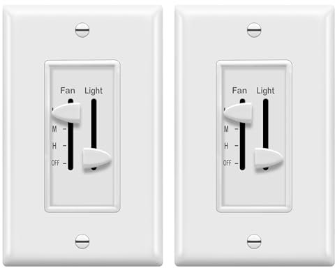 ENERLITES 3 Speed Ceiling Fan Control and Dimmer Light Switch, 2.5A Single Pole Light Fan Switch, 300W Incandescent Load, No Neutral Wire Required, 17001-F3-W, 120 Volts (AC), White, 2 Pack