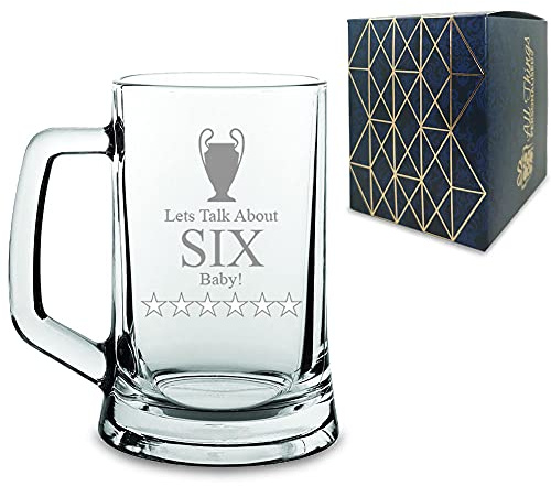 Novelty Engraved Tankard Beer 16.5oz or 468ml Glass with Liverpool Klopp Saying, Let's Talk About SIX Baby! Trophy Gift - Engraved in The UK - Gift for Dad