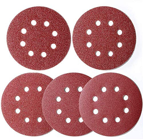 100pcs 125mm Sanding Discs, (Hook and Loop 20 x 40/60/80/120/180 Mixed Grit), 8 Hole 5 Inch Round Sanding Discs Pads for Random Orbital Sander by AniSqui