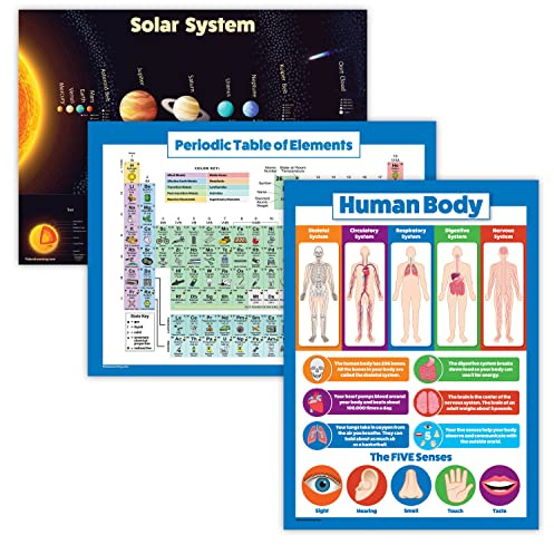 Palace Learning 3 Pack - Solar System Poster + Periodic Table of The Elements for Kids + Understand the Human Body Chart (LAMINATED, 18 x 24)