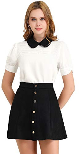 Allegra K Damen Bubikragen Kontrast Puffärmel Kurzarm Casual Elegant Bluse Top Weiß S