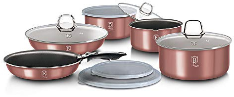 12 Pcs Colorful Space Saving Cookware Frying Pan Sauce Pan Casserole Pot Set Induction Lid Handles (Rose)