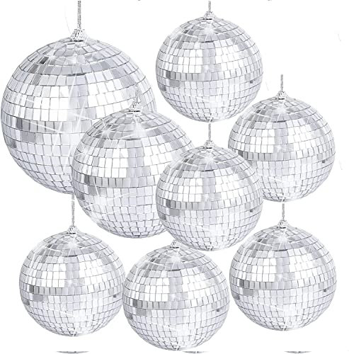 8 Pieces Mirror Disco Balls Silver Hanging Mirrors Ball 6/10/15cm 70s 80s Party Decoration DJ Light Effect Stage Props Glitter Ball for Retro Fun Parties Home Bands Decorations