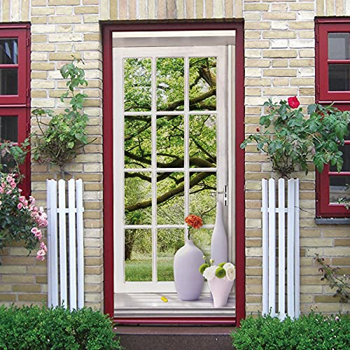 LuSeven türtapete Fenster Bäume Rasen 77x200cm(30.31 inches * 78.74 inches) 3D Türaufkleber PVC Selbstklebende Wasserdichte Abnehmbare Art Decals für Dekoration Wandbild Diy Wandaufkleber