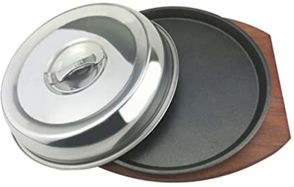 Skillet with Cast Iron Round - Small Cast Iron Skillet Sizzling Plate Fajita Plate Sizzling Pan for Easy Serving Cleaning, BBQ Included Wood Base