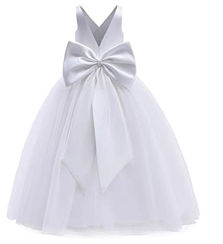 Flower Girl Dress Kids First Communion Dress Sleeveless V-Neck Mesh Tulle Tutu Princess A-line Puffy Wedding Junior Bridesmaid Evening Formal Party Pageant Birthday Prom Gown White 6-7 Years