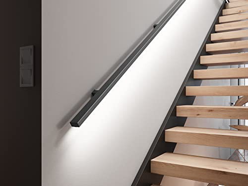 Sellon24® Pasamanos LED de acero pintado en polvo, negro, 25 x 45 cm, delgada, pasamanos de pared, escaleras (175 cm, negro RAL9005)
