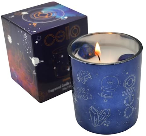 Cello Celestial Scented Candle with Lazurite Gemstones. A Stunning Metallic Blue Candle with Blue Crystals. The Ideal Scented Candles, Candles for Men & Candle Gifts for Women.