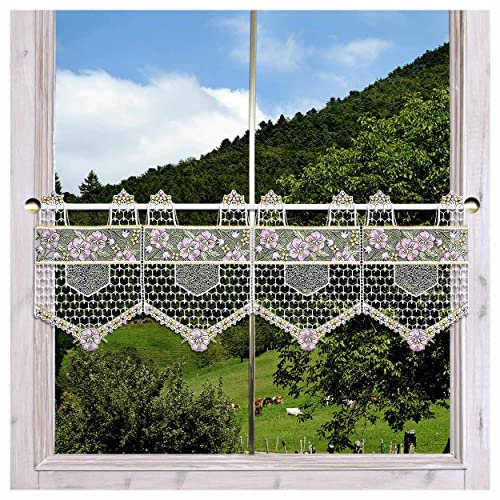 Feenhaus-Scheibengardine Valessa mit Stiefmütterchen in Flieder aus Echter Plauener Spitze Spitzengardine für Frühling und Sommer 27 x 92 cm