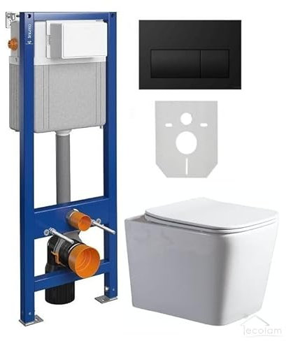 ECOLAM® Set WC Wand Vorwandelement Toilette Maio weiß Clean on spüllrandlos hängend Tiefspül + WC-Sitz Soft Close + Betätigungsplatte