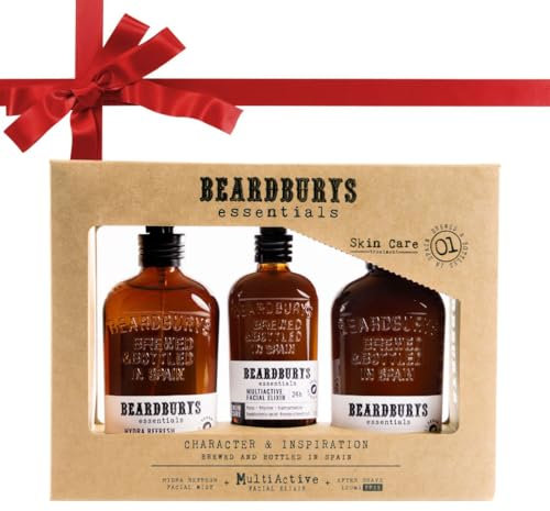 Beardburys Essentials Skincare | Pack Rutina Facial para Hombre. Kit de Crema Hidratante Rostro + Bruma Facial+ After Shave Barba. Cosmética con Ácido Hialurónico y Lúpulo.