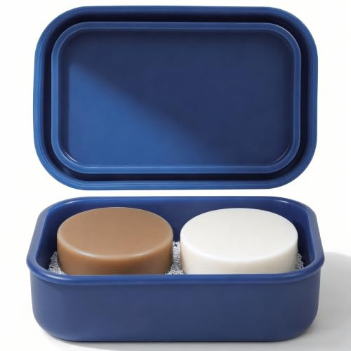 Enhanced Leak Proof Travel Soap Case, AIMAIAIMAI Silicone Soap Container with Draining Layer, Portable Bar Soap Holder for Bathroom, Camping, Gym, Easy to Clean (Blue)