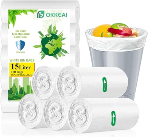 OKKEAI Weiße Müllbeutel, 15 l, Pedal, 100 Stück, kleine Kunststoff-Müllbeutel für Badezimmer, Küche, Toilette, Büro