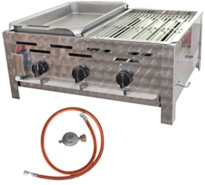 BSR-Grillen 3-flammiger Profi Gasgrill aus Edelstahl, stufenlos regelbar, Gasbräter, Gastrogrill, Gastrobräter mit Gasschlauch und Druckminderer (10,8 kW | 1/2 Pfanne und 1/2 Grillrost)