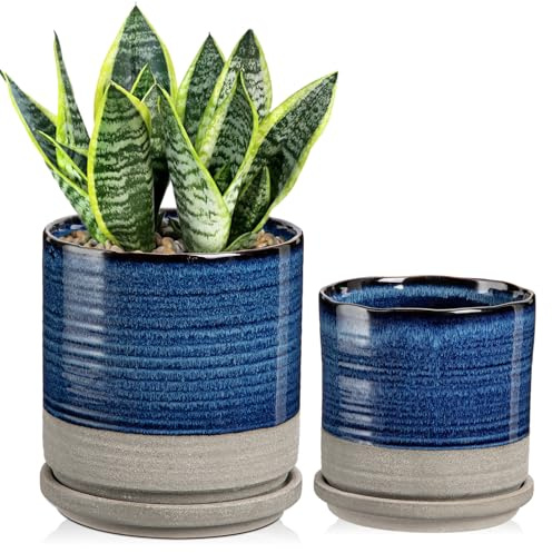 Hollyone 2er Set Keramik-Pflanztöpfe für den Innenbereich, 13cm 15cm Outdoor-Pflanztopf mit Entwässerungsloch und Untersetzer, rundes Sukkulenten-Orchideen-Blumentopf-Set, Zuhause Büro Dekoration