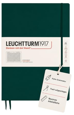 LEUCHTTURM1917 370274 Notizbuch Master Slim (A4+), Hardcover, 123 nummerierte Seiten, Forest Green, kariert | 123 nummerierte Seiten, kariert, 100 g/m² Papier, Fadenheftung, 2 Lesebändchen