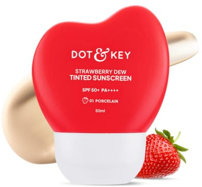 Dot & Key Strawberry Dew Crème solaire teintée SPF 50+ Pa++++ – 01 Porcelaine | Protection contre les UA/UB | Large spectre, résistant à l'eau et à la sueur | Pour tous les types de peau | 50 ml