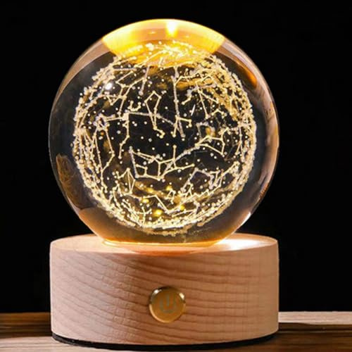 Starnearby 3D Kristallkugel Nachtlicht, 80mm 3D Sonnensystem Planeten Lampe, Glaskugel Lampe mit Holzsockel, USB Wiederaufladbar Touch Nachtlicht Kinder Astronomie Geschenk (Konstellation)