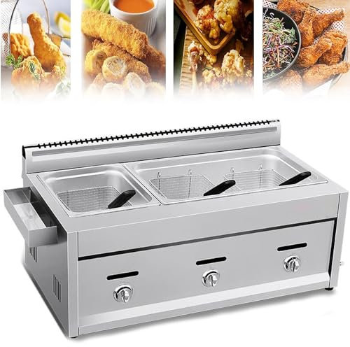 Qiang Friteuse à Gaz Professionnelle en Acier Inoxydable Double Réservoir Comptoir Robuste avec Paniers Friteuse Et Couvercle,pour Cuisine à Domicile du Restaurant Commercial,3frybasket