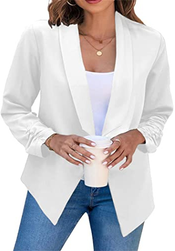 OMZIN Femme Cropped Open Front Veste De Travail Encolure en V Veste De Combinaison De Bureau Décontractée Blanc 3XL