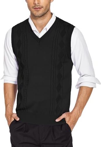 COOFANDY Men's Sleeveless Jumpers Knitted Sweater Vest V-Neck Knitted Tank Top Winter Jumper Vest Pullover Gentlemen Knitwear Knitted Waistcoat Black M