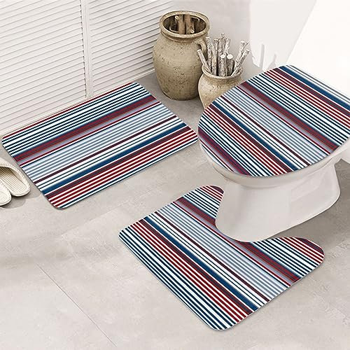 U-Förmiger Teppich Rot Blau Weiß Grau Streifen Druck Wc Vorleger Set 3 Teilig Wasserabsorbierend Badezimmer Vorleger 3-Teiliges rutschfeste Badvorleger Für Badezimmer Badewanne Schlafzimmer