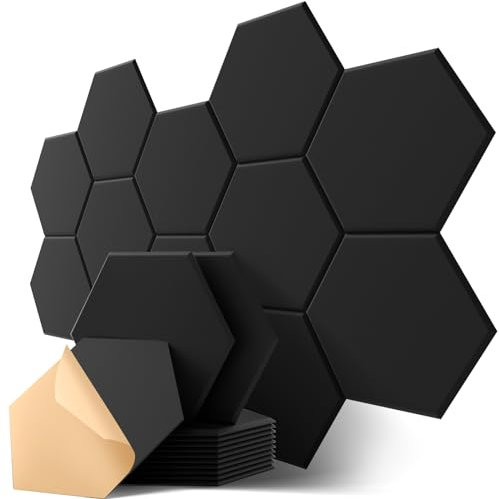Hexagon Acoustic Panels Self-Adhesive, 18 Pcs Sound Absorbing Panels for Walls, Door, Ceiling, Felt Acoustic Tiles for Studio, Bedroom, Gaming, Recording, 12 X 10.5 X 0.4, Black