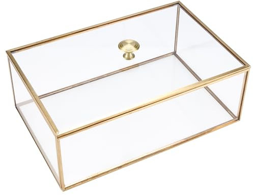 Homtone 27.5x18x10cm Kupfer Goldene Vintage Glasbox mit Abdeckung, Dekorative Schmuck Andenken Display Organizer Klare Rechteck Goldene Box für Hochzeitsfeier Dekor mit offenem Deckel