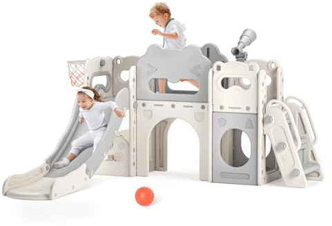 Krovtoy Toddler Slide Thickened & Widened Kids Slide,170cm extra-long slideway Kids Slide with Basketball Hoop, Storage Box and Toddler Climber, Indoor Outdoor Freestanding Slider(7in1 beige gray)