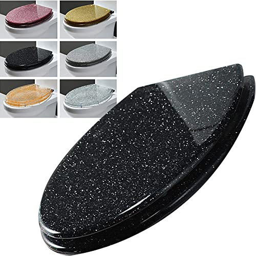 XFZJCHAP Abattant de WC à Paillettes allongé et Silencieux avec Couvercle de Toilette Universel avec charnières à dégagement Rapide en Acier Inoxydable/lumière d'étoile Noire