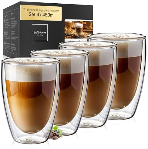 ElbFuchs® Latte Macchiato Gläser doppelwandig [4x 450ml, EXTRA Groß] Kristallklare Thermogläser doppelwandig | Ideal als Cappuccino Gläser | Kaffeegläser | Teegläser