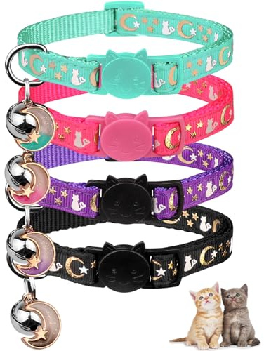 4PCS Cat Collar with Bells,Breakaway Cat Collars,Kitten Collar with Bell Moons Stars Cute Kitty Safe with Pendant,Cat Collars for Girl Cats 6.9-10.7 Inch(Black&Purple&Pink&Teal)