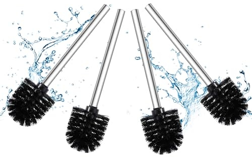 Juego de 4 cepillos de inodoro de color negro, 6,5 cm de diámetro, color negro, escobilla de inodoro con mango de acero inoxidable, cabezales de cepillo extraíbles, escobilla de inodoro de acero