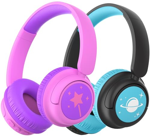 iClever BTH22 Bluetooth-hörlurar för barn, 2-pack, 60 timmars speltid, 74/85 dBA, säker volym, Bluetooth 5.4, USB C, Over Ear barnhörlurar, trådlös AUX-sladd för iPad/surfplatta/resor/skola, svart och